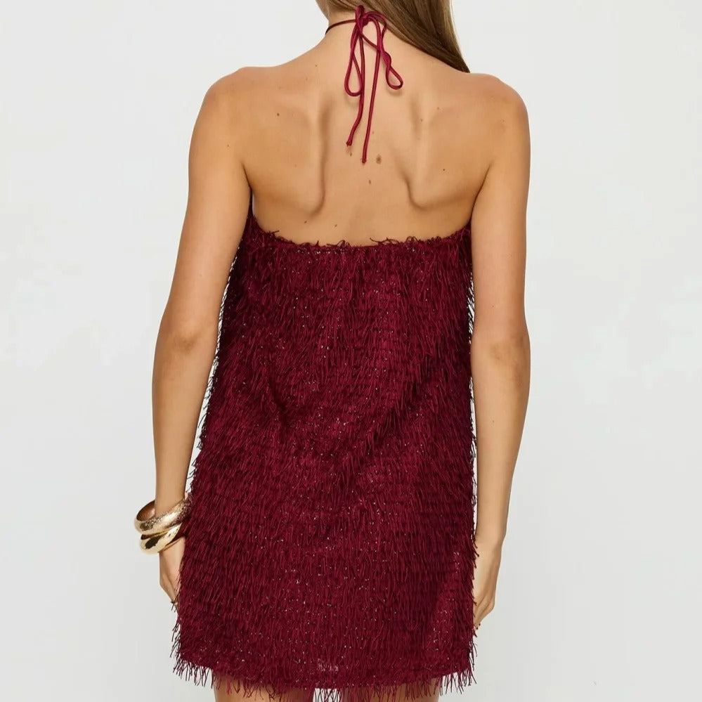 Burgundy Textured Halter Mini Dress