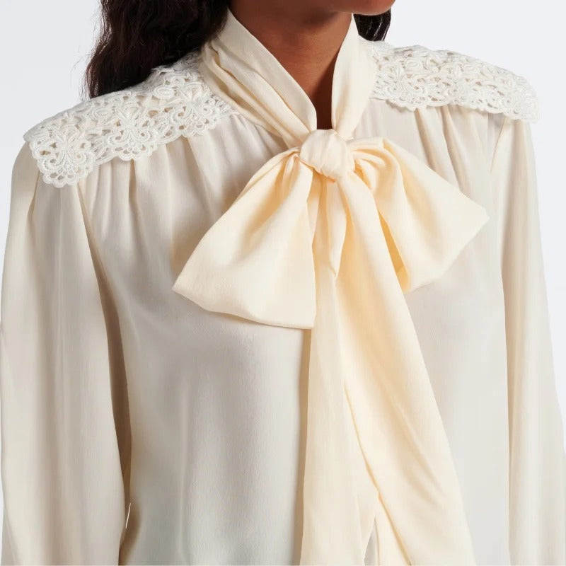 Ivory Tie-Neck Blouse with Lace Shoulder Panels