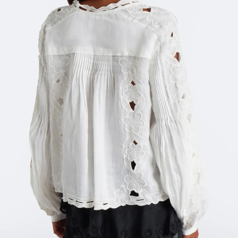 White Embroidered Blouse with Pintuck Detailing