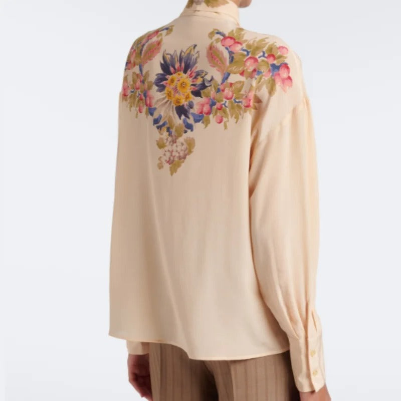 Cream Floral Tie-Neck Blouse with Long Sleeves