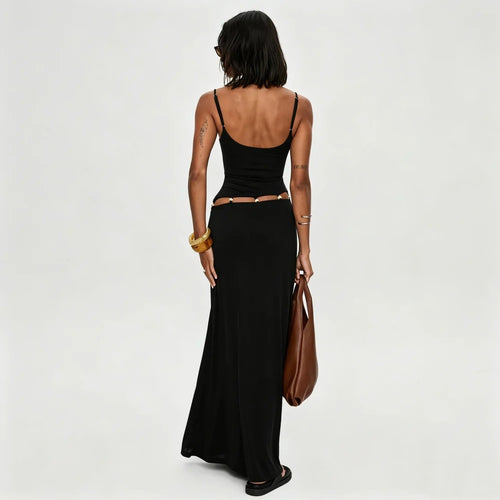 Black Cutout Maxi Dress with Beaded Waist Detail
