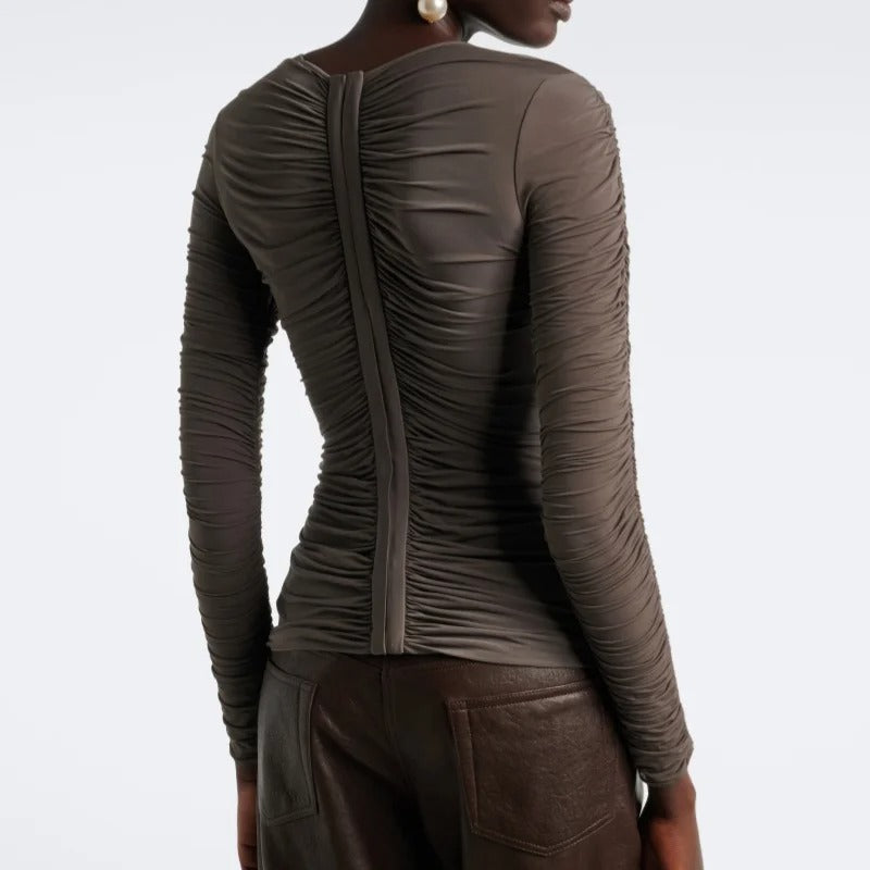 Taupe Ruched Long-Sleeve Top with Floral Appliqué